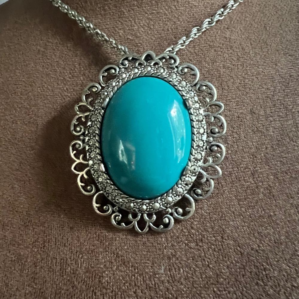 Vintage Silver Faux Turquoise Oval Filigree Statement Necklace 30-33" Western